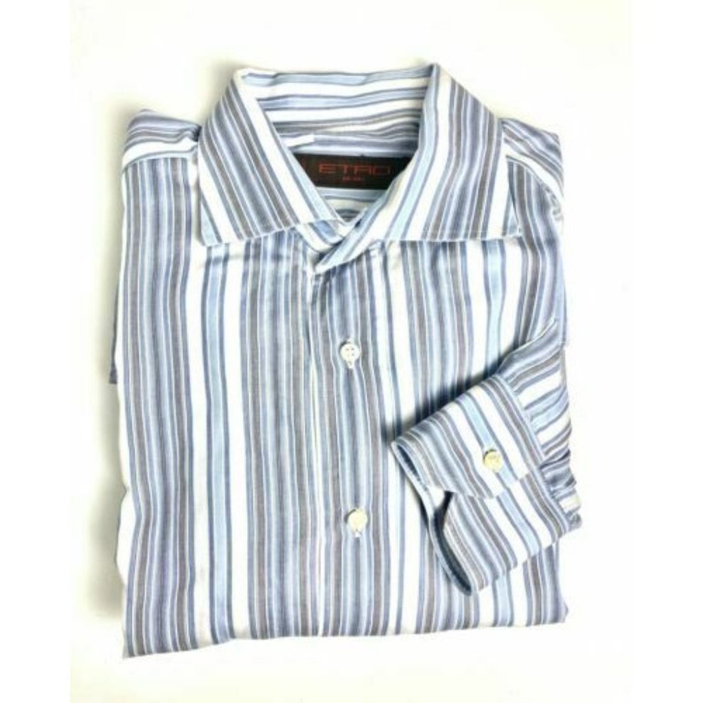 $350.00 Etro Milano Blue/White/Gray Dress Shirt 16 34/35